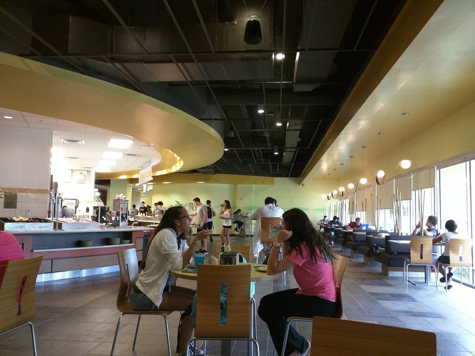 Buffet counters with trays and serving utensils.